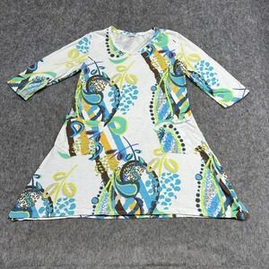Fresh Produce Dress Womens Medium White Blue Abstract Paisley 3/4 Sleeve Cotton